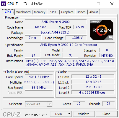 AMD Ryzen 9 3900 4041.81 MHz CPU Z VALIDATOR