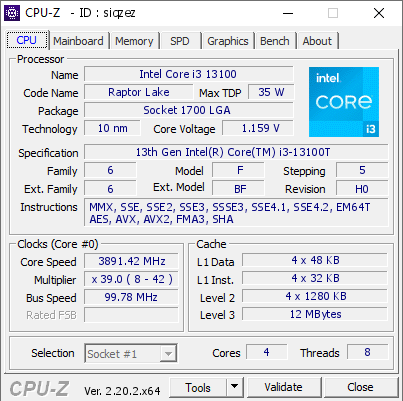 screenshot of CPU-Z validation for Dump [siqzez] - Submitted by  CNETPC  - 2026-08-08 09:47:30