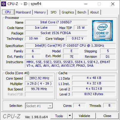 screenshot of CPU-Z validation for Dump [spwfl4] - Submitted by  LAPTOP-PDCDB373  - 2021-11-20 04:09:36