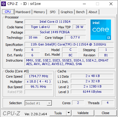 screenshot of CPU-Z validation for Dump [srl1xw] - Submitted by  Anonymous  - 2026-07-25 05:59:38