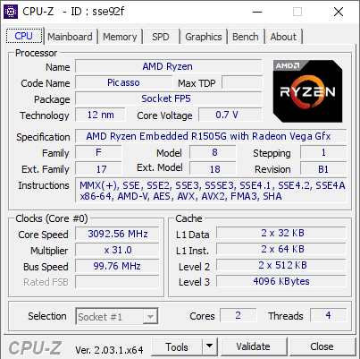 screenshot of CPU-Z validation for Dump [sse92f] - Submitted by  Ryzen G1505  - 2022-11-29 22:41:45