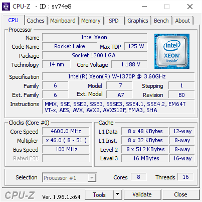 screenshot of CPU-Z validation for Dump [sv74e8] - Submitted by  Anonymous  - 2021-06-14 00:16:44