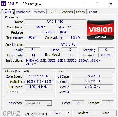 screenshot of CPU-Z validation for Dump [svigyw] - Submitted by  Anonymous  - 2024-01-12 16:04:14