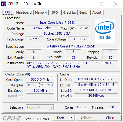 screenshot of CPU-Z validation for Dump [sxd7lu] - Submitted by  265K  - 2024-11-03 00:15:49