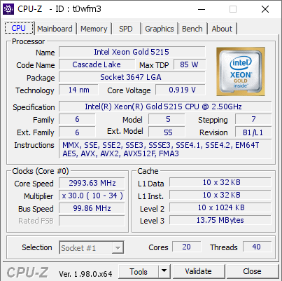 screenshot of CPU-Z validation for Dump [t0wfm3] - Submitted by  SRV-RXM5-01  - 2021-12-04 11:44:28