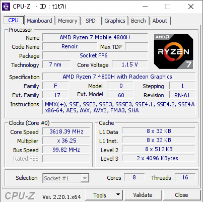 screenshot of CPU-Z validation for Dump [t1t7ii] - Submitted by  LAPTOK  - 2026-06-03 19:07:12