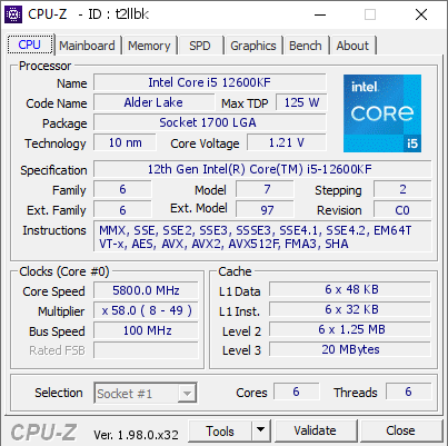 screenshot of CPU-Z validation for Dump [t2llbk] - Submitted by  unityofsaints  - 2022-01-28 22:54:57