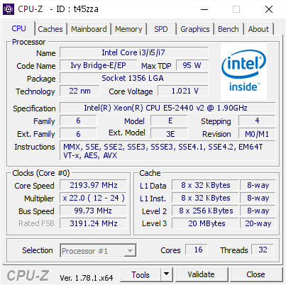 screenshot of CPU-Z validation for Dump [t45zza] - Submitted by  Anonymous  - 2017-03-29 14:40:54