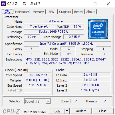 screenshot of CPU-Z validation for Dump [t5nd47] - Submitted by  PAULO-LAPTOP  - 2022-04-07 18:52:15