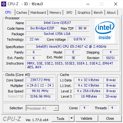 screenshot of CPU-Z validation for Dump [t6zeu3] - Submitted by  Anonymous  - 2016-10-07 19:35:31