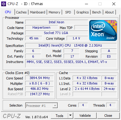 screenshot of CPU-Z validation for Dump [t7vmas] - Submitted by  XEON L5408  - 2019-03-14 22:28:13