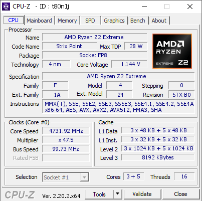 screenshot of CPU-Z validation for Dump [t80n1j] - Submitted by  PurifiedLeper  - 2026-08-02 10:01:08