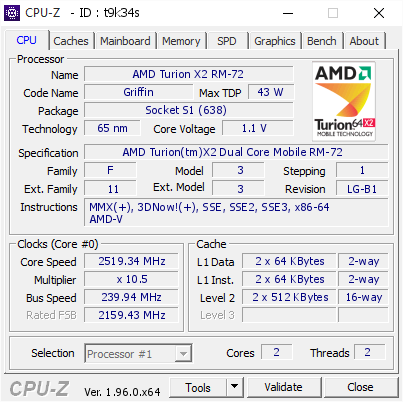 screenshot of CPU-Z validation for Dump [t9k34s] - Submitted by  HP-6735S  - 2021-05-03 17:18:55