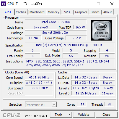 Intel Core I9 9940x 4101 96 Mhz Cpu Z Validator