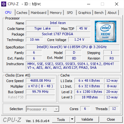 screenshot of CPU-Z validation for Dump [tdjivc] - Submitted by  Anonymous  - 2021-07-27 13:18:25