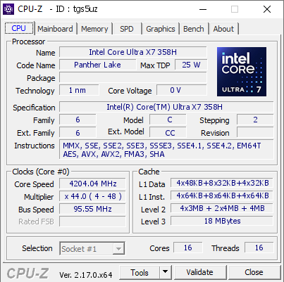 screenshot of CPU-Z validation for Dump [tgs5uz] - Submitted by  THINKBOOK-14P-X  - 2026-07-03 18:09:37