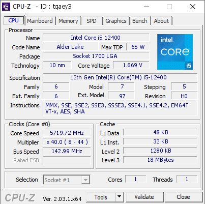 screenshot of CPU-Z validation for Dump [tqaey3] - Submitted by  TarotBaba  - 2022-12-18 13:11:27