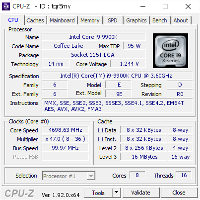 Intel Core I9 9900k 4698 63 Mhz Cpu Z Validator