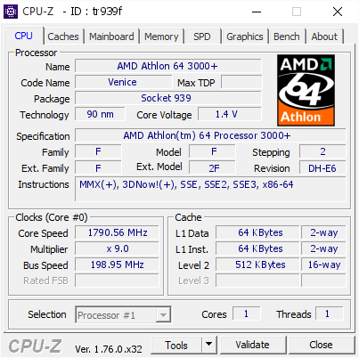 AMD Athlon 64 3000 1790.56 MHz CPU Z VALIDATOR