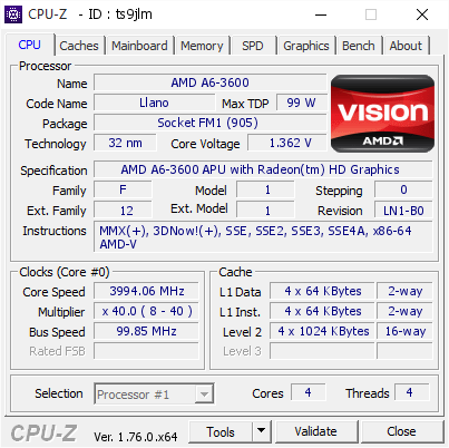 screenshot of CPU-Z validation for Dump [ts9jlm] - Submitted by  WOODYS-HP  - 2016-05-14 10:03:25