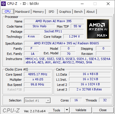 screenshot of CPU-Z validation for Dump [tsk0kr] - Submitted by  Anonymous  - 2025-10-17 20:52:22