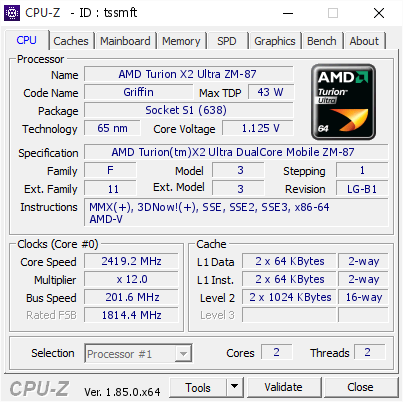 Amd Turion X2 Ultra Zm 87 2419 2 Mhz Cpu Z Validator