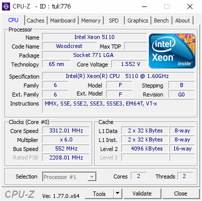 Intel Xeon 5110 @ 3312.01 MHz - CPU-Z VALIDATOR