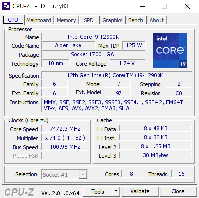 screenshot of CPU-Z validation for Dump [tury83] - Submitted by  te_tiao_xiao_xiao_diao  - 2022-07-06 19:50:45