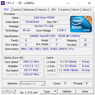 Intel Intel Xeon Processor CPU SLAED X5365 8 MB Cache 3.00 GHz Quad Core 1333 MHz 150w 