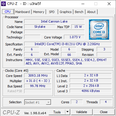 screenshot of CPU-Z validation for Dump [u3na5f] - Submitted by  Anonymous  - 2021-11-24 21:05:09