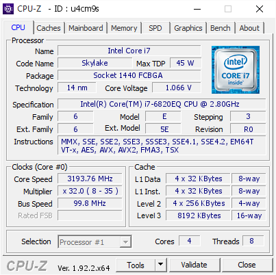 screenshot of CPU-Z validation for Dump [u4cm9s] - Submitted by  Anonymous  - 2020-07-30 11:55:58