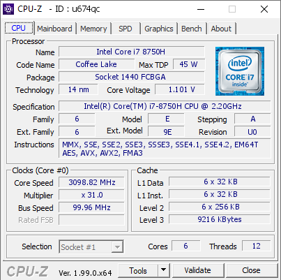 screenshot of CPU-Z validation for Dump [u674qc] - Submitted by  MSI  - 2022-01-15 12:09:51