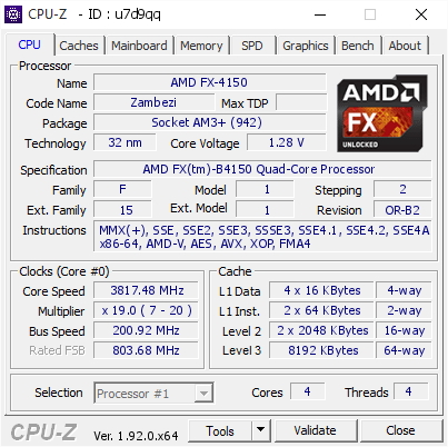 screenshot of CPU-Z validation for Dump [u7d9qq] - Submitted by  Anonymous  - 2020-05-01 15:35:17
