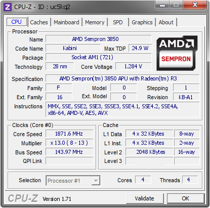 screenshot of CPU-Z validation for Dump [uc5kq2] - Submitted by  AM1-PC  - 2014-12-12 22:12:23