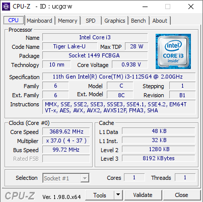 screenshot of CPU-Z validation for Dump [ucgcrw] - Submitted by  DESKTOP-CGL1UEH  - 2022-01-29 00:43:51