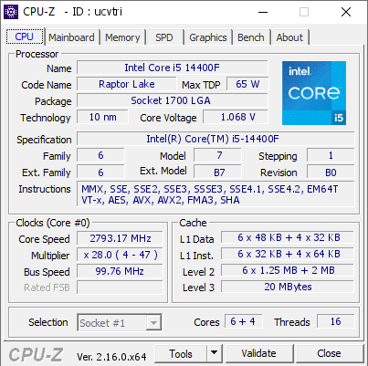 screenshot of CPU-Z validation for Dump [ucvtri] - Submitted by  DESKTOP-I337UO3  - 2025-11-16 19:09:52