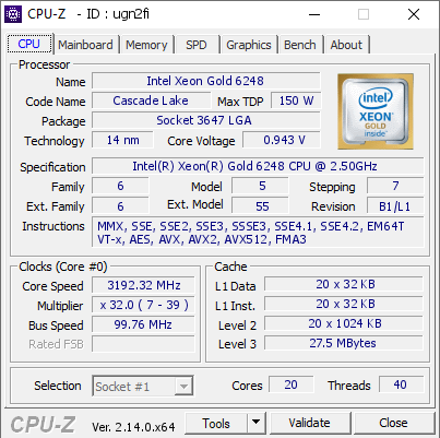 screenshot of CPU-Z validation for Dump [ugn2fi] - Submitted by  Anonymous  - 2025-02-19 22:31:07