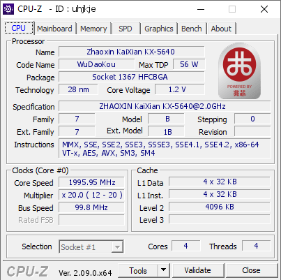 screenshot of CPU-Z validation for Dump [uhjkje] - Submitted by  Zhaoxin KX-5640  - 2024-04-25 00:46:47