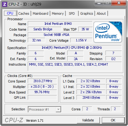 Intel Pentium B940 @ 2010.27 MHz - CPU-Z VALIDATOR