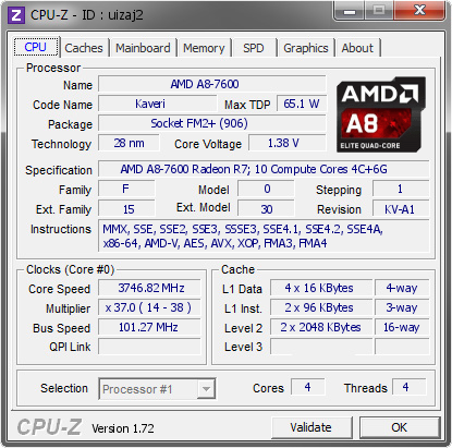 screenshot of CPU-Z validation for Dump [uizaj2] - Submitted by  smily  - 2015-03-17 04:03:00