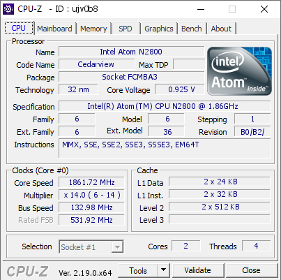 screenshot of CPU-Z validation for Dump [ujv0b8] - Submitted by  ACERASPIREONE-P  - 2026-05-05 14:09:47