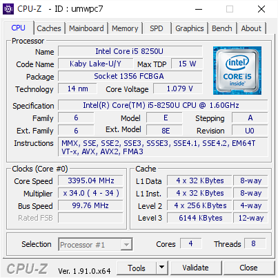 screenshot of CPU-Z validation for Dump [umwpc7] - Submitted by  DESKTOP-N6GEBR4  - 2020-02-23 16:57:01