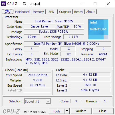 Intel Pentium Silver N6005 @ 2863.22 MHz - CPU-Z VALIDATOR