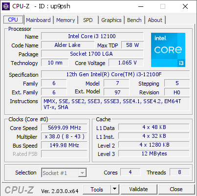 screenshot of CPU-Z validation for Dump [up9psh] - Submitted by  zombie568  - 2023-01-05 18:45:00