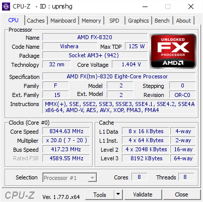 AMD FX-8320 @ 8344.63 MHz - CPU-Z VALIDATOR