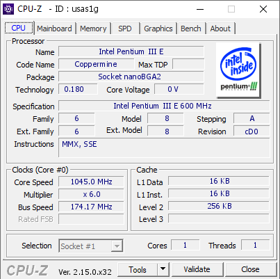 screenshot of CPU-Z validation for Dump [usas1g] - Submitted by  R-998  - 2025-10-09 01:27:38