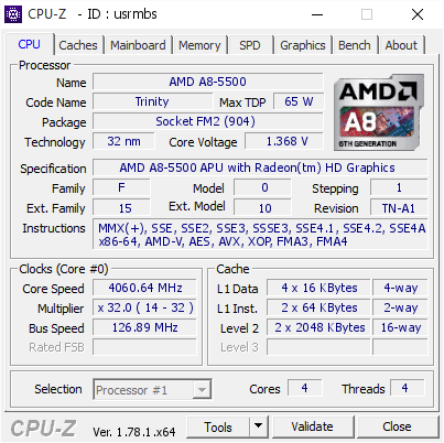 screenshot of CPU-Z validation for Dump [usrmbs] - Submitted by  Anonymous  - 2017-01-18 16:40:11