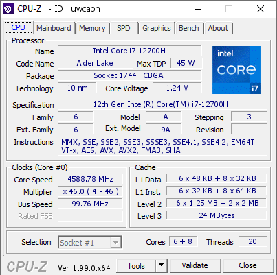 screenshot of CPU-Z validation for Dump [uwcabn] - Submitted by  GAODA  - 2022-03-20 03:25:15