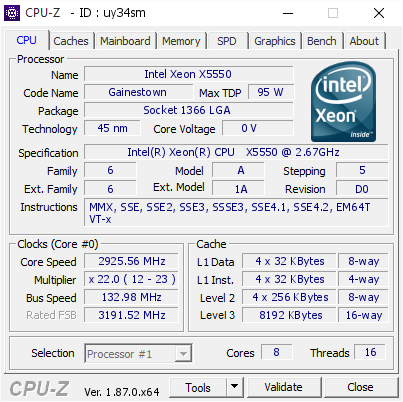 screenshot of CPU-Z validation for Dump [uy34sm] - Submitted by  HP-Z600  - 2018-12-06 21:13:15
