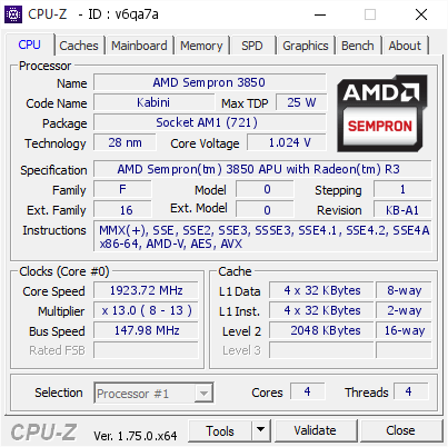 screenshot of CPU-Z validation for Dump [v6qa7a] - Submitted by  vediovus  - 2016-01-23 22:22:01